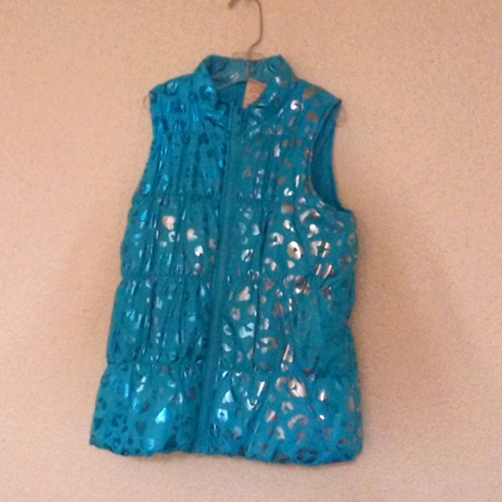 Faded Glory puffy aqua green girls vest 🦺 with silver print size large (10-12)